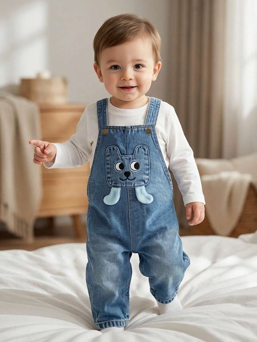 Playful Pals Süßes Cartoon-Muster bestickte Baby Jungen Lässig Jeans Latzhose, niedlich & modisch für Outdoor, Alltag, Party, Schule, Zuhause - Mittele Waschung - Übersicht 1