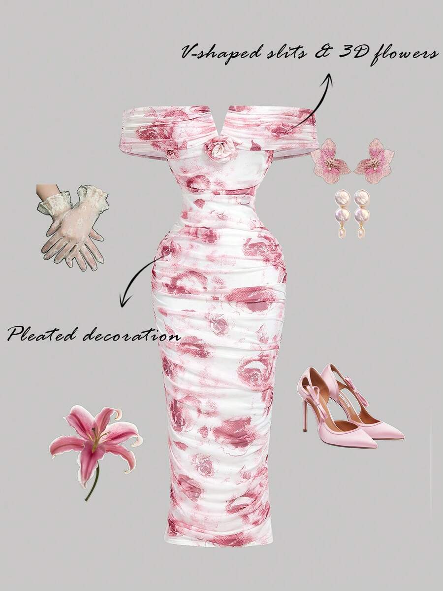 SHEIN MOD 女款白色與粉色夏季優雅婚禮伴娘露肩抓褶中長洋裝,3D花朵漸層玫瑰圖案復古派對舞會禮服 - 彩色 - 查看 1