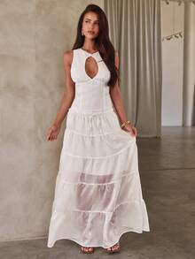 Aloruh Saia Longa Máxi Sólida Bege Nova Chegada Primavera/Verão, Tecido de Linho, Saia Guarda-Chuva Casual Elegante Estilo A-Line, Roupa de Resort Estilo Boêmio - Branco - Visão 5