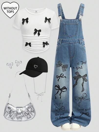 SHEIN Girlism 少女高腰蝴蝶结爱心印花口袋可爱直筒宽松休闲牛仔背带连体裤（不含上衣），适合8-12岁女孩，秋冬季返校季牛仔裤，少女秋冬街头复古风裤装，舒适百搭，适合上学、居家和旅行，Y2K少女风穿搭，蝴蝶结牛仔裤，Y2K青少年穿搭，青少年蝴蝶结穿搭，新年服装，休闲优雅穿搭