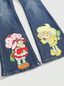 Strawberry Shortcake | ROMWE 水洗草莓图案喇叭牛仔裤 - 藏蓝色 - 查看 3
