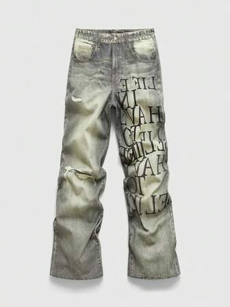 Men's Letter Print Loose Wide Leg Casual Jeans
