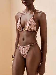 Zivah New Elegant Animal Print Fabric With Chic Metal Accents Swimsuit Set, Suitable For Vacation, Pool, Beach, Party - Rust Brown - View 3