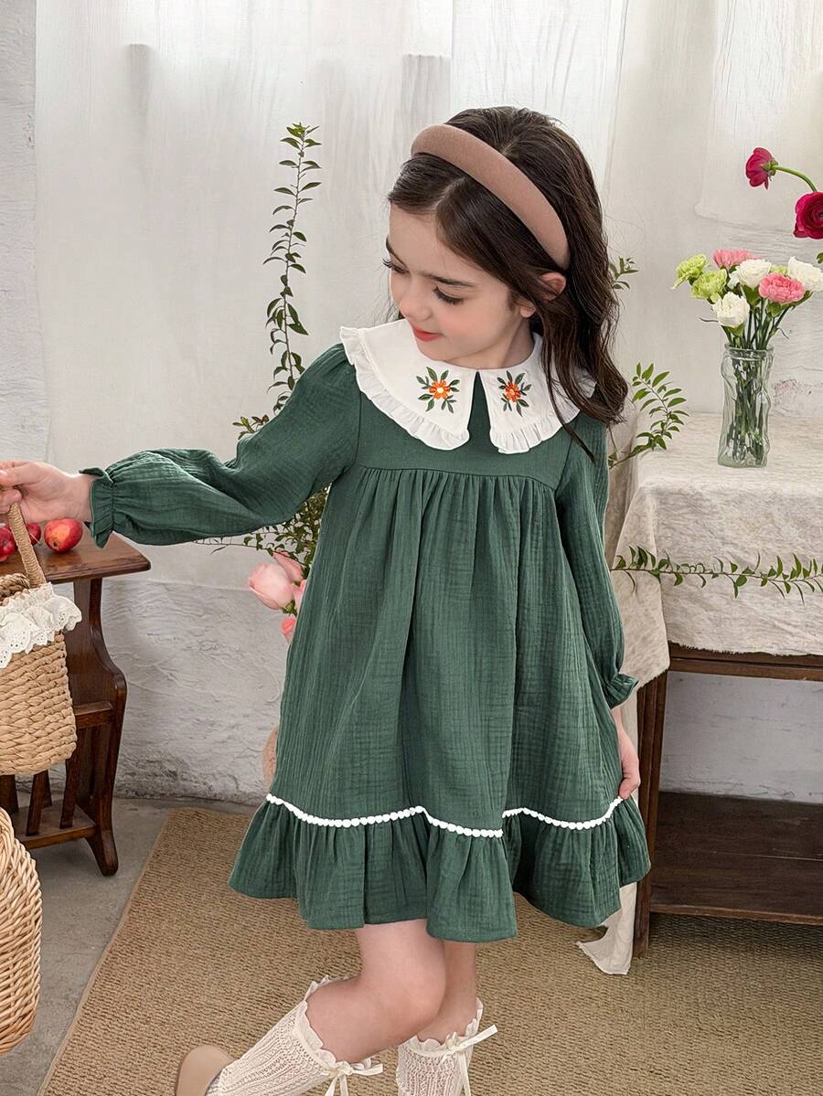 LMoss Kids 少女刺绣彼得潘领休闲连衣裙 - 綠色 - 查看 1