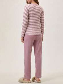 EURMUSE 2pcs Cotton Contrast Colour Striped With Koala Embroidery Detail PJ Set - Multicolor - View 2