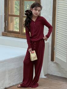 DAZY Tween Girls V-Neck Knit Long Sleeve Top And Pants Pajama Set, Fall - Burgundy - View 6