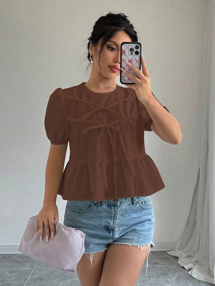 Elenzga 蝴蝶结前襟泡泡袖荷叶边上衣 - 咖啡棕 - 查看 1