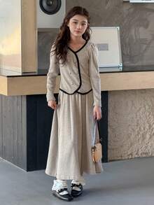 DAZY Tween Girl Contrast Trim V-Neck Long Sleeve Shirt And Mini Skirt Elegant Set - Apricot - View 4