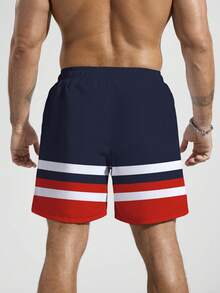 Manfinity Swimmode Pantalones cortos de playa de estilo de vacaciones de verano para hombres con cintura con cordón, bolsillo en diagonal y estampado de rayas de contraste. Bañadores de hombre rojos, blancos y azules - Azul Marino - Ver 2