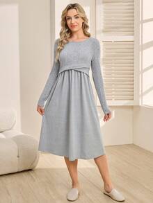 SHEIN Maternity Wrap Front 2-In-1 Long Sleeve Nursing Dress - Grey - View 7