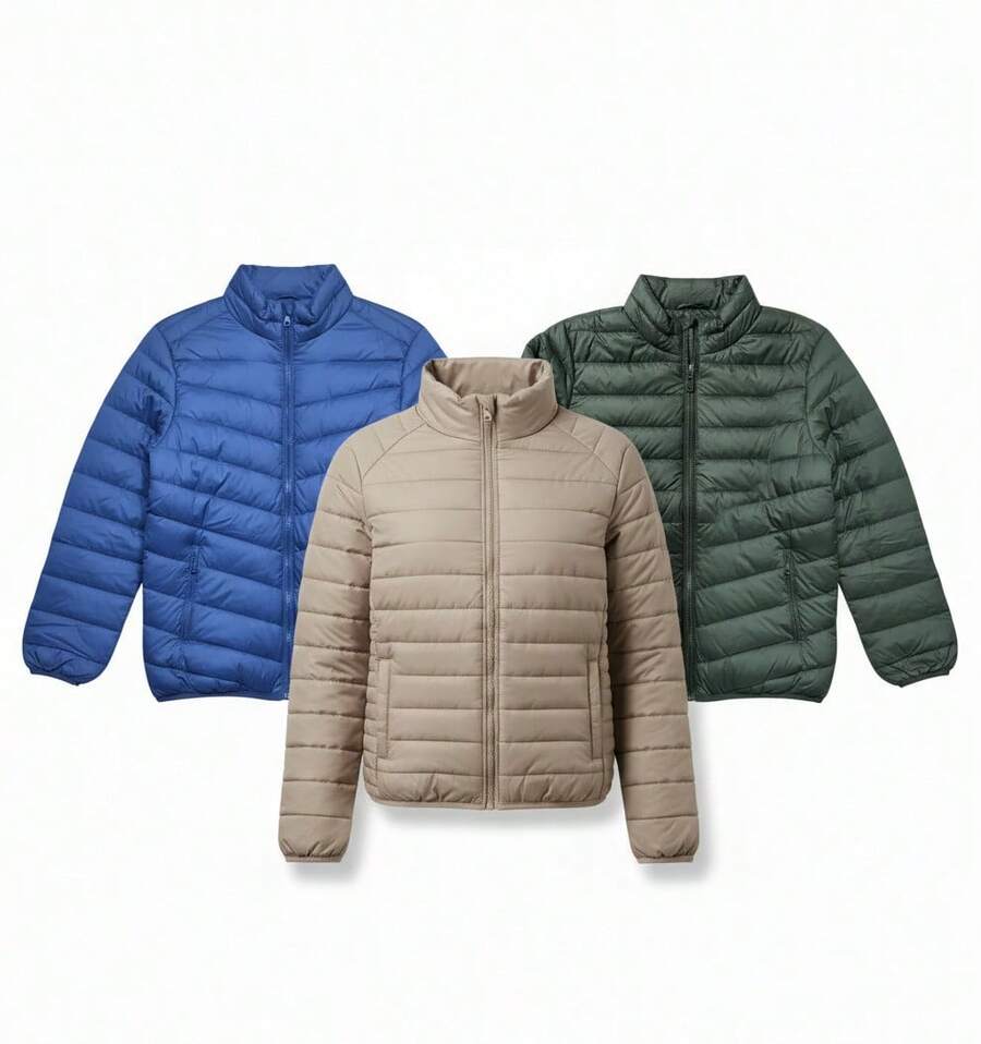 Chamarra Acolchada Ligera COLOR AZUL, CHAMARRA BEIGE y CHAMARRA VERDE PANTANO 3PK para Hombre con Estilo Urbano, Diseño Moderno y Corte Casual, Abrigo de Moda para Clima Frío Ligero con Acabado Premium y Confort Diario - Azul - Ver 1