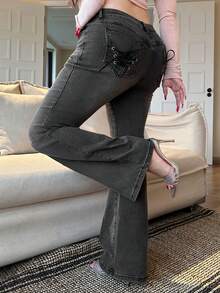 Dazy Plus Washed Distressed Elastic Fitted Flare Jeans With Back Pocket Tie Design, Long Denim Pants, Plus Size Women, All Season - Black - View 1