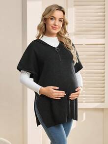 SHEIN Chaleco de maternidad, corte holgado, diseño con capucha con cremallera, bajo con abertura y mangas de murciélago, para uso casual diario - Negro - Ver 3