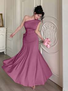 Modelyn 1pc Women's Sleeveless Pleated Slim Fit Dress, Solid Color - Bold Plum - View 5