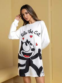SHEIN Felix The Cat Áo ngủ nữ dáng rộng, tay dài, vai rớt, in hình chữ cái và trái tim hoạt hình dễ thương, thích hợp cho mùa xuân/thu. - trắng - Xem 7