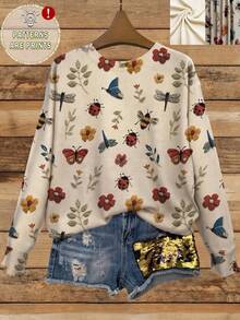 EMERY ROSE 女士昆虫与花卉印花长袖休闲圆领上衣，适合春秋季节