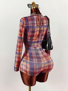 Amplova 2pcs/Set Women's Plaid Punk Street Style Jumpsuit And Jacket, Autumn/Winter Y2k Women Two Piece Outfits Plaid Two Piece Set - Multicolor - View 4
