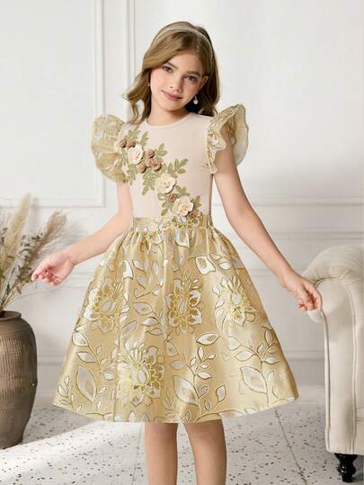 رمضان مجموعة تنورة وبلوزة مطرزة بالزهور محبوكة للبنات، طقم أنيق وفاخر