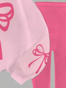 SHEIN Tween女孩 2件/套 可愛粉色蝴蝶結圓領長袖冬季衛衣與內搭褲套裝，返校季秋季校園穿搭服飾 - 彩色 - 查看 6