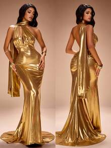 Radiana 优雅奢华金色美人鱼礼服，性感露背晚礼服，闪亮迷人派对礼服，适合晚宴、舞会、婚礼宾客、伴娘、鸡尾酒会、新年、圣诞节等场合，金属弹力面料完美贴合曲线。 - 金色 - 查看 2