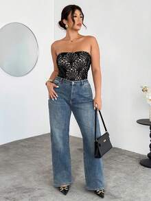 SHEIN Privé Frauen Große Größen Spitze modischer sexy Bandeau Bodysuit - Schwarz - Übersicht 4
