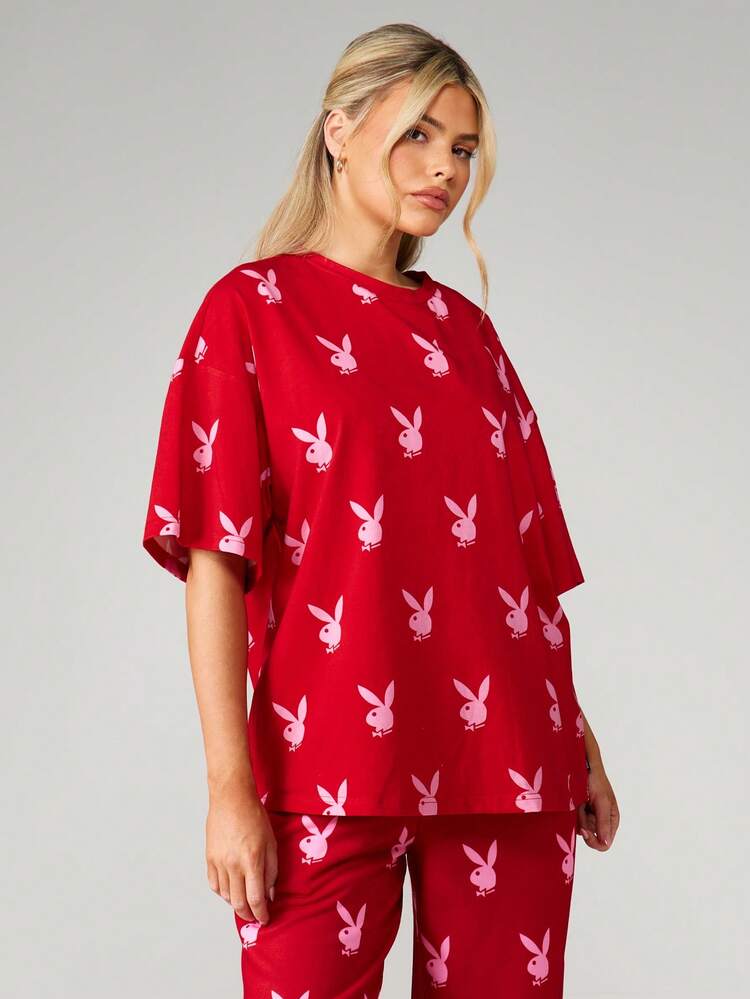 Missguided x Playboy Oversized T-Shirt mit Hasen-Aufdruck, kurze Ärmel und Rundhalsausschnitt für lässige Sommer- und Frühjahrs-Freizeitkleidung