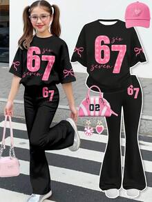 2 peças/Conjunto Camiseta de Manga Curta de Gola Redonda Ajuste Solto e Calça Flare para Adolescentes, com Estampa Engraçada de Número 67 Rosa e Laço, Estilo Streetwear, Adequado para Casual, Campus, Exterior, Casa