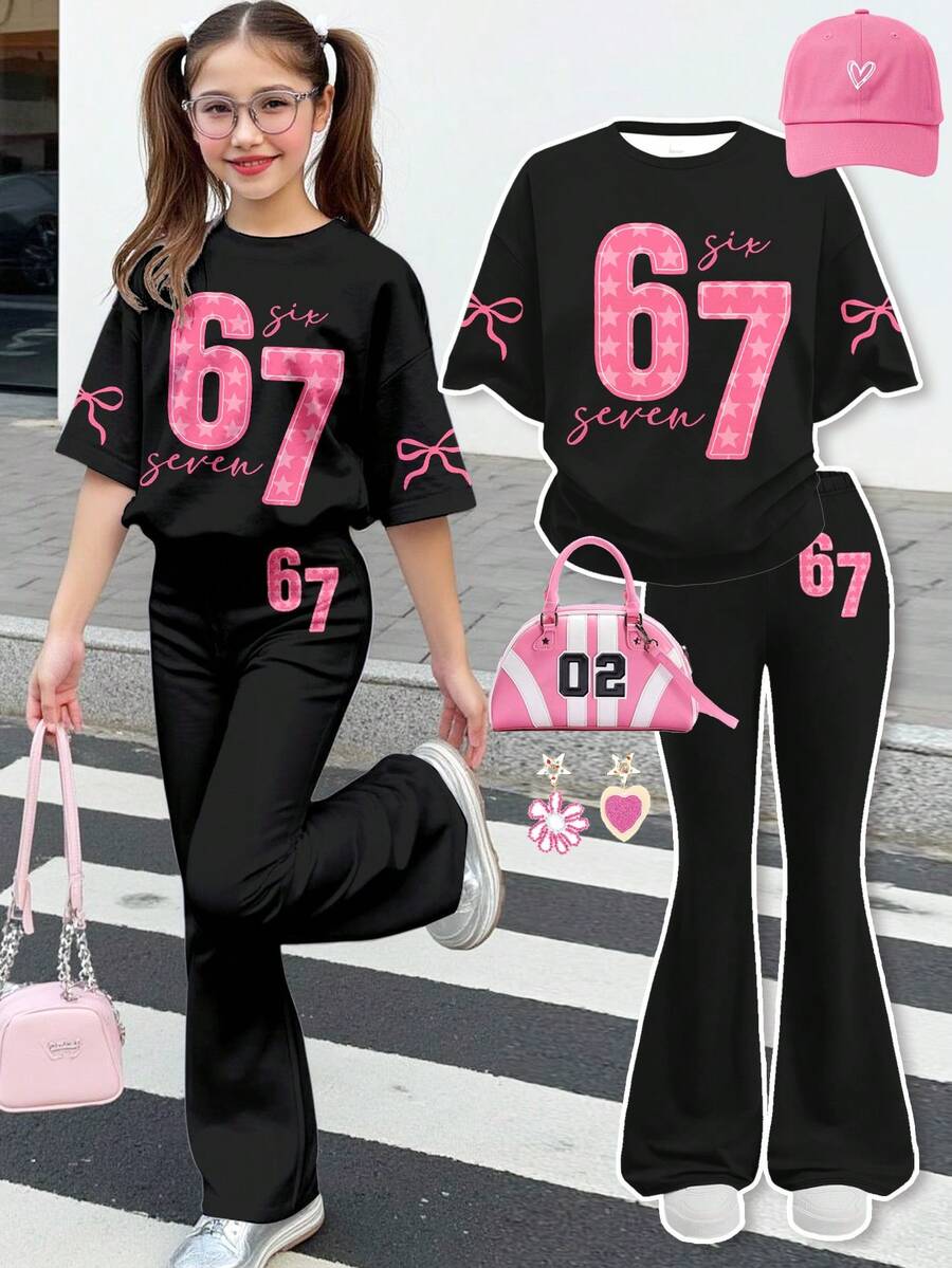 2 peças/Conjunto Camiseta de Manga Curta de Gola Redonda Ajuste Solto e Calça Flare para Adolescentes, com Estampa Engraçada de Número 67 Rosa e Laço, Estilo Streetwear, Adequado para Casual, Campus, Exterior, Casa