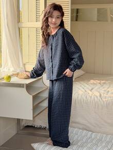 DAZY بيجامة فضفاضة بأكمام فانوس مربعة للفتيات المراهقات، ملابس خريفية للفتيات المراهقات - أزرق بحري - مشاهدة 4