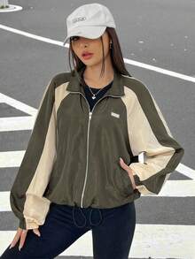 SHEIN EZwear 秋冬季撞色拼接插肩袖抽绳下摆拉链外套 - 軍綠色 - 查看 7