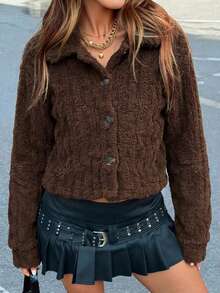 Chamarra mujer corta tejido suave botones frontales cuello amplio manga larga diseño cálido ajuste cómodo ideal invierno casual oficina - Café integral - Ver 1