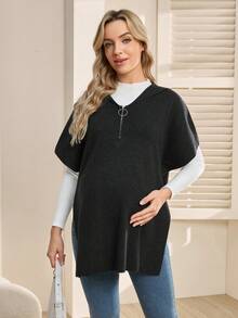 SHEIN Chaleco de maternidad, corte holgado, diseño con capucha con cremallera, bajo con abertura y mangas de murciélago, para uso casual diario - Negro - Ver 1