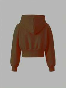 SHEIN Girls Casual Knit Solid Color Front Graphic Letter Print Drop Shoulder Hooded Sweatshirt & Pants 2 Pieces Set - Camel - View 3