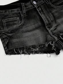 ROMWE J-Fashion 复古Y2K朋克风超低腰超短拉链铆钉口袋刺绣女式牛仔短裤 - 黑色 - 查看 3