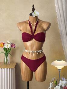 Bellisia Women's Solid Color Ruched Halter Bikini Set And Sheer Ruched Skirt - Burgundy - View 6