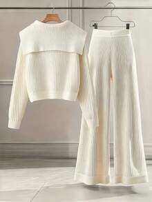 GlowEve CURVE Plus Size Women 2 Pieces Knit Set: Collared Cardigan + Pants Winter - Beige - View 2