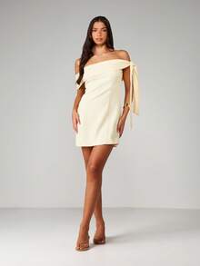 MISSGUIDED Off-Shoulder Tie Sleeve Mini Dress With Ruched Detailing And Cinched Waist For Party Occasions - Light Yellow - View 3
