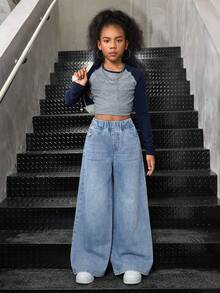 SHEIN Celana Jeans Anak Perempuan Remaja dengan Pinggang Elastis, Saku, Kasual, Serbaguna, dan Potongan Lebar untuk Bepergian - Light Wash - View 7