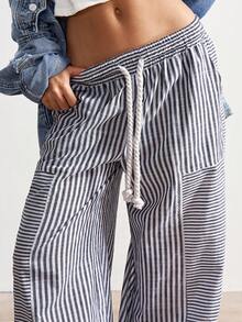 Bohemela Boho Striped Patchwork Loose Wide Leg Pants For Women, Suitable For Spring, Summer, Beach Vacation, Valentine's Day, Music Festival - Grey - View 3