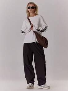 MUSERA Camiseta de manga larga con gráfico oversize, estilo cool girl, streetstyle, uso diario, varsity, primavera verano 1997 - Blanco - Ver 3