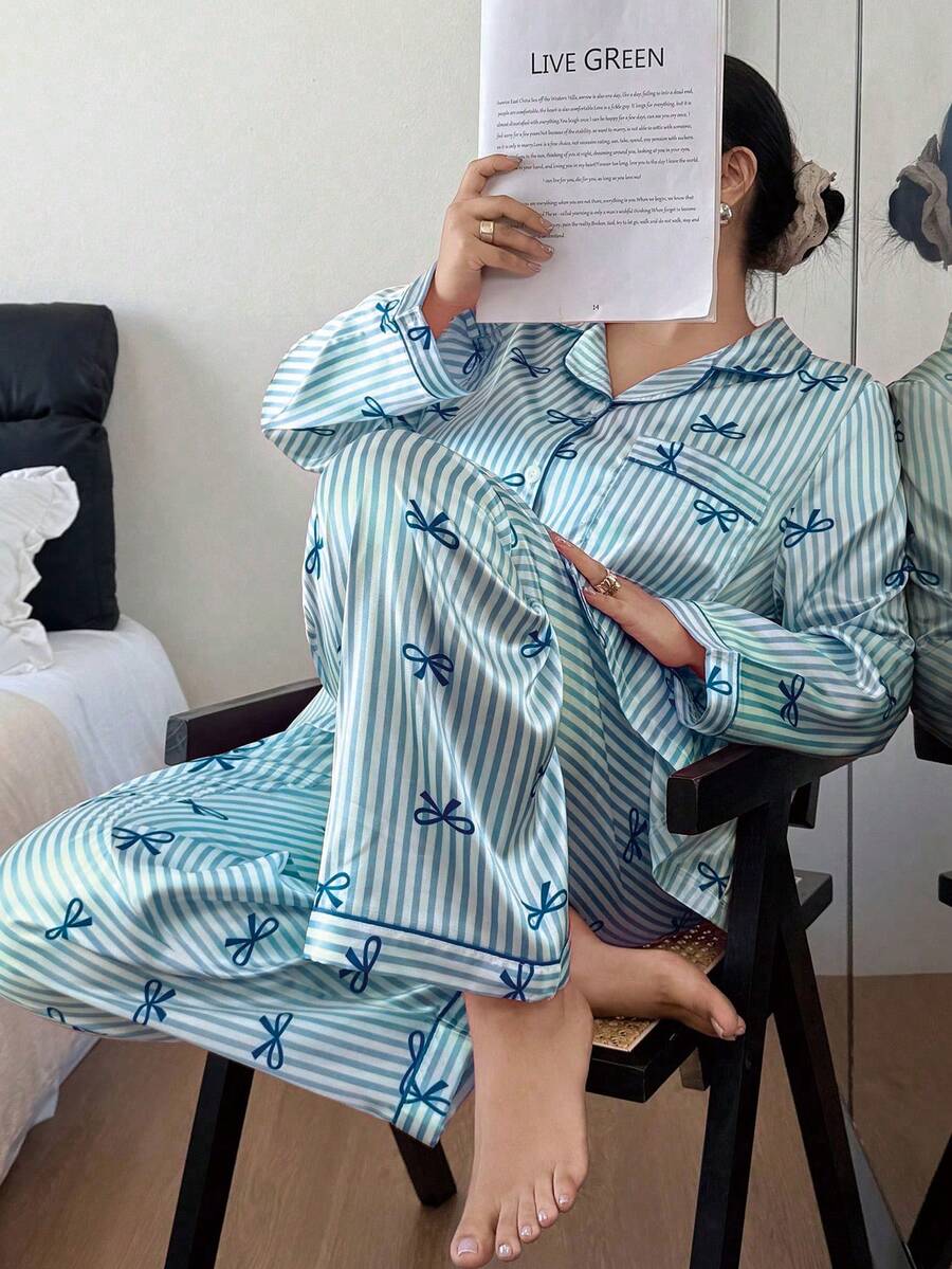 Dream Adore Women's Casual Long Sleeve Lapel Satin Pajama Set With Blue Stripes And Bow Detail - Blue - View 1