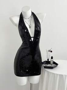 Elamini Women's Summer Sequin Dress - Sexy Deep V-Neck Party Dress For Christmas And New Year - Black - View 5