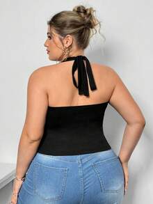 Truni Sometimesglam Plus Size Women's Fashionable Sexy Solid Color Draped Neck Backless Halter Top, For Pear Triangle Body Shape - Black - View 2