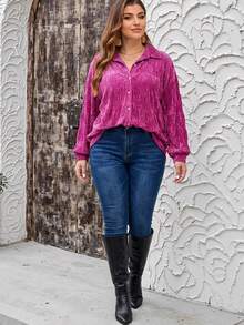 SHEIN LUNE Camicia in velluto con texture morbida, polsini elastici e bottoni a conchiglia, adatta per Thanksgiving, Capodanno e feste invernali - Fucsia - Visualizzare 5