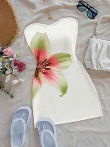 EMERY ROSE 女士碎花抹胸迷你连衣裙，休闲夏季度假装 - 白色 - 查看 3