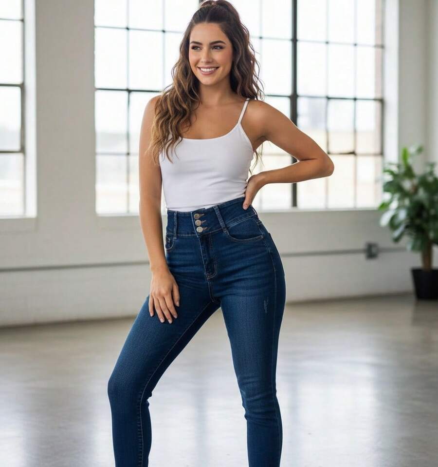 JEANS CORTE SKINNY CON PEQUEÑO EFECTO RASGUÑO - Azul lavado oscuro - Ver 1