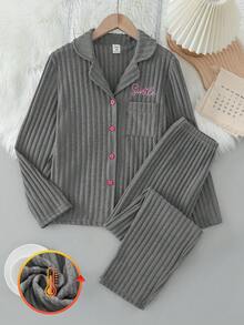 女童杏色抓绒罗纹字母刺绣开衫和裤子家居服套装 - 灰色 - 查看 4