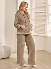 SHEIN 2pcs/Set Hooded Fleece Sweatshirt With Pockets & Loose Fit Sweatpants, Autumn/Winter - Khaki - View 4