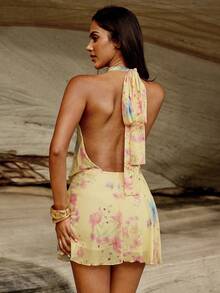 SHEIN BAE Đầm ngắn hở lưng gợi cảm dành cho nữ, họa tiết in, thích hợp cho kỳ nghỉ. - Màu vàng - Xem 2