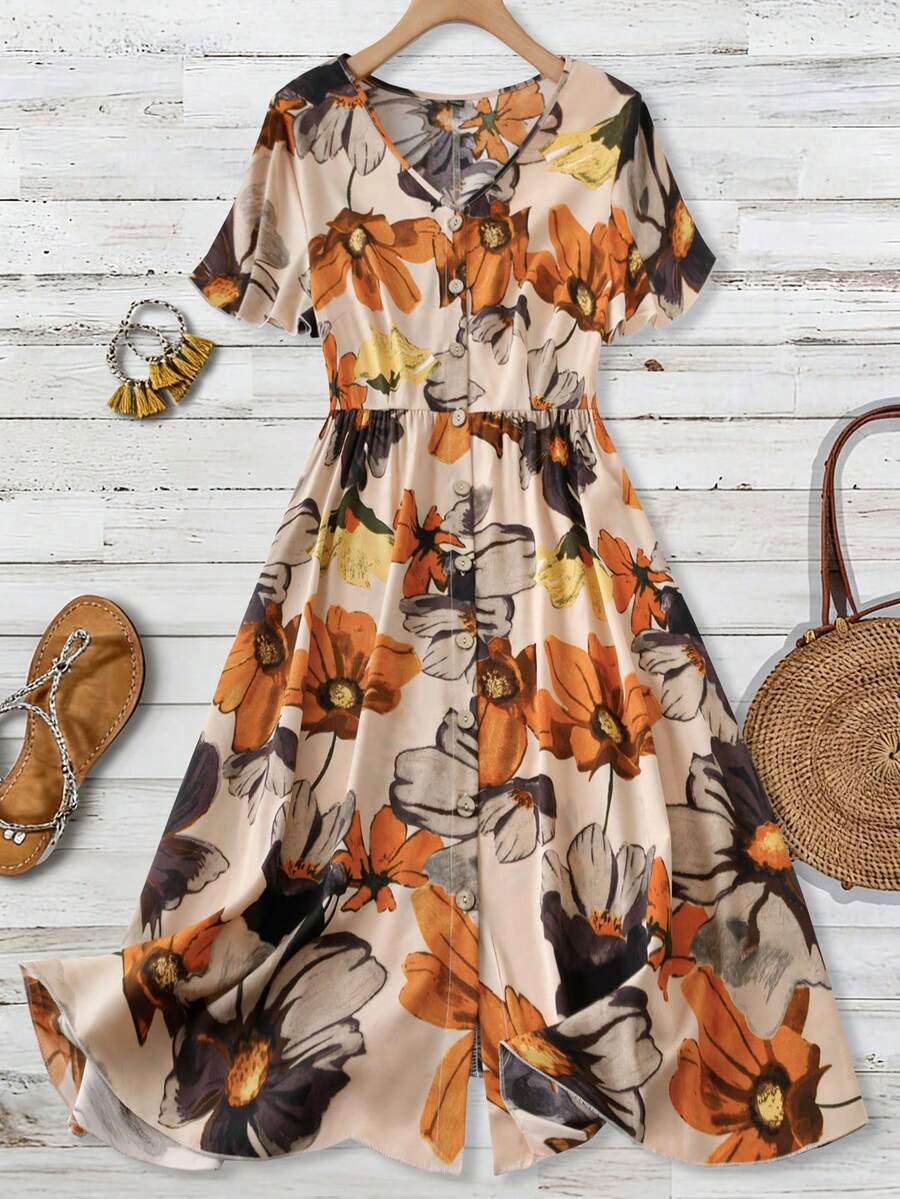 EMERY ROSE Plus Size Casual Ink Flower Printed Front Button-Up Dress For SpringSummer Maxi Women Outfit - Multicolor - View 1
